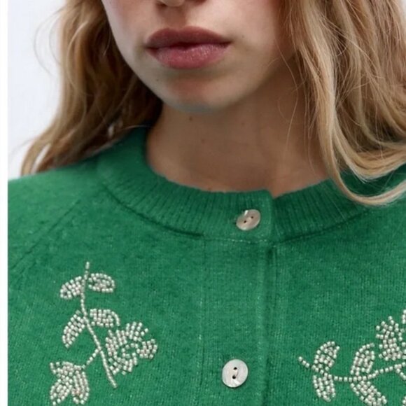Green Zara Wool-Mix Bead Embellished Cropped Button-Front Sweater Cardigan (NWT) - Picture 8 of 10